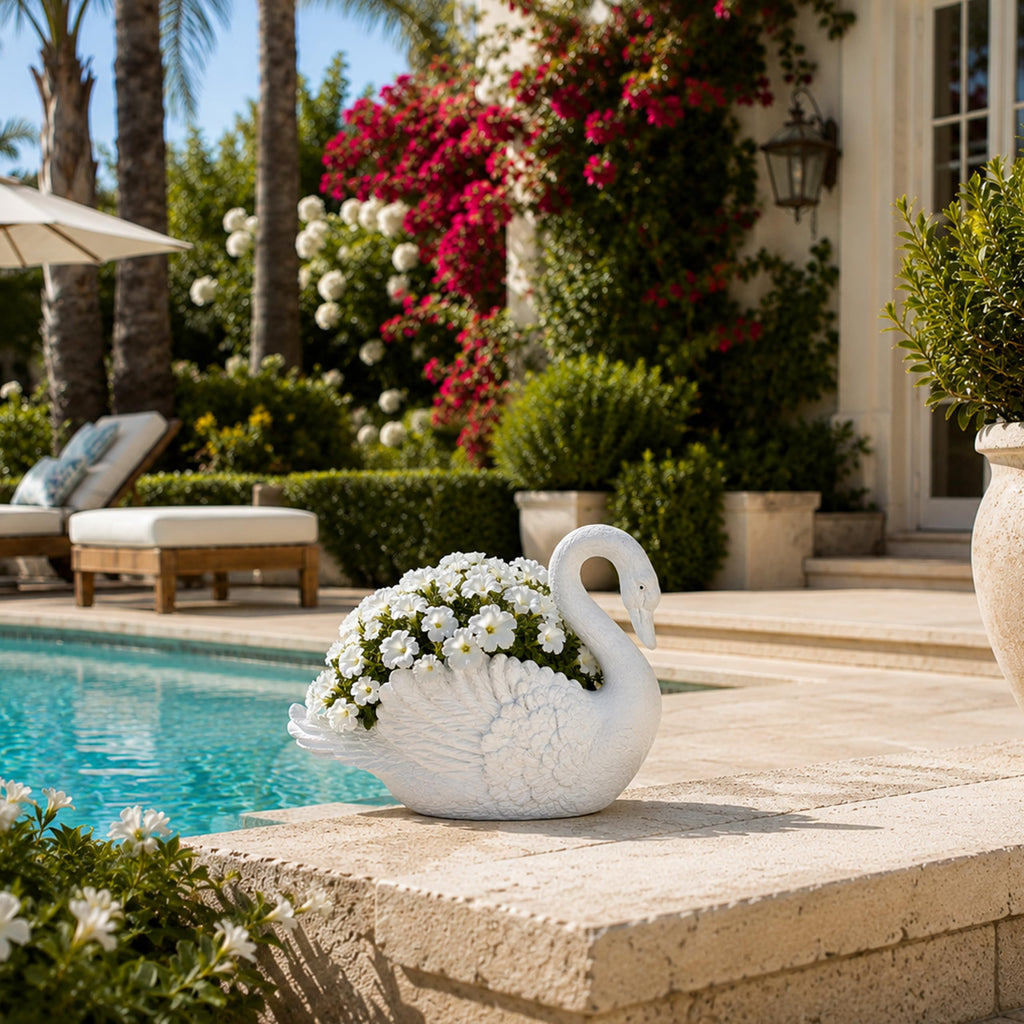Swan Cast Stone Planter Garden Decor - White