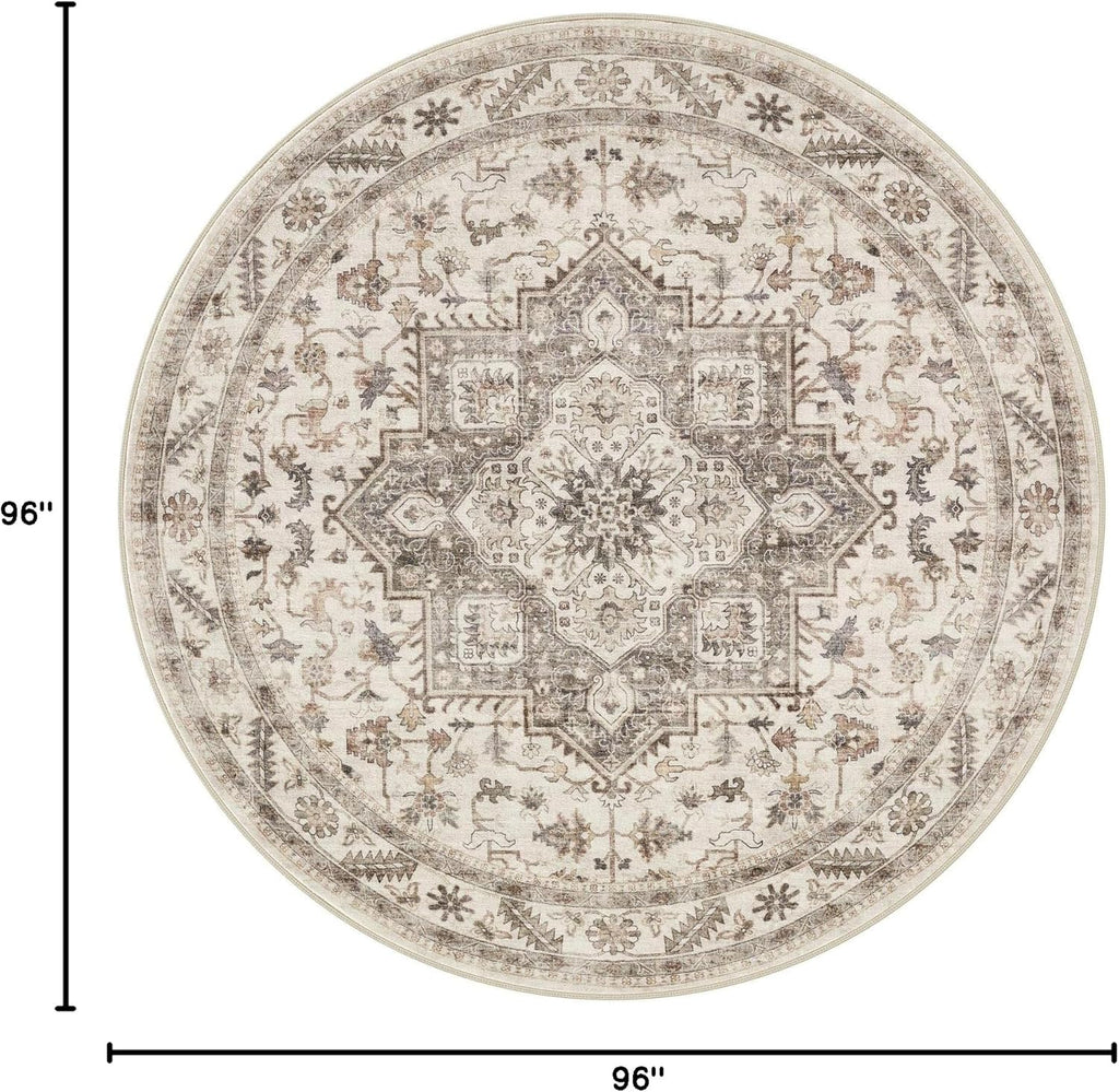 8ft Round Vintage Living Room Area Rug - 8x8 Large Soft Washable Oriental Traditional Distressed Far