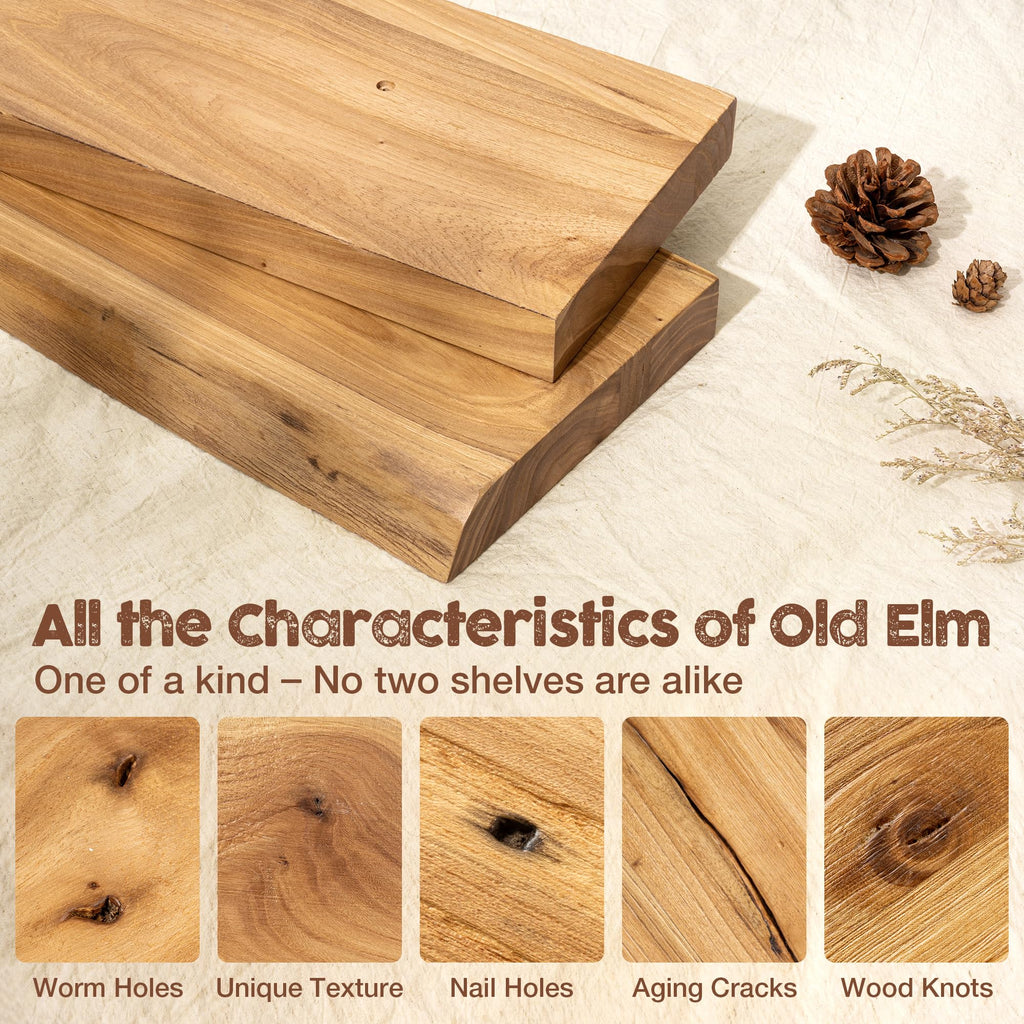 Floating Shelves for Wall, 72 Inch Rustic Solid Elm Wood Shelves
