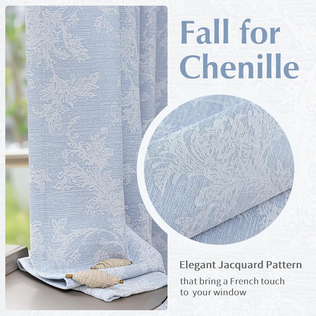 Blue Floral Jacquard Blackout Curtains 96 Inches Long, Scroll Flower Chenille Farmhouse Curtains for Living Room