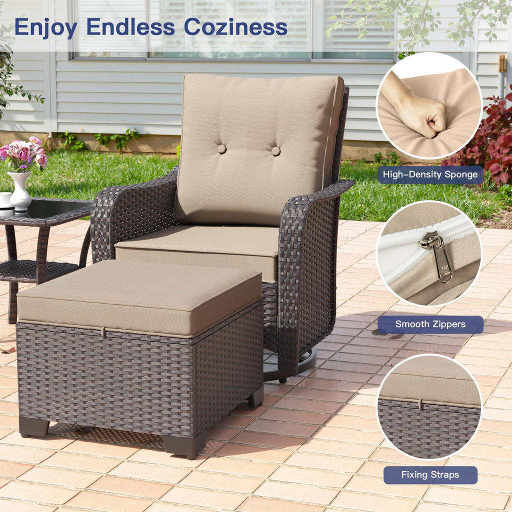 5-Piece Outdoor Swivel Rocking Chair Set with 4" Thick Cushions and High Back, Wicker Patio Chairs with Side Table &