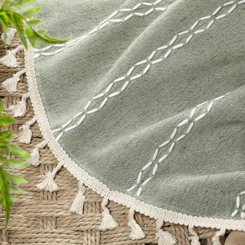 Sage Green Boho Linen Texture with Embroidery Woven and Tassel, 72" L X 72" W
