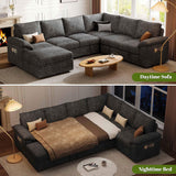 108 Inch Sectional Sleeper Sofa with Pull Out Bed, U Shaped 7 Seat Modular Sectional Sofa with Storage