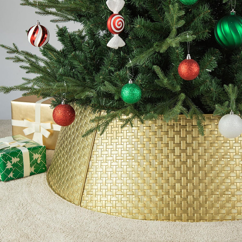 40.5" D Gold Metal Weave Tree Collar, Decorative Tree Stand Cover Tree Ring for Christmas Decor