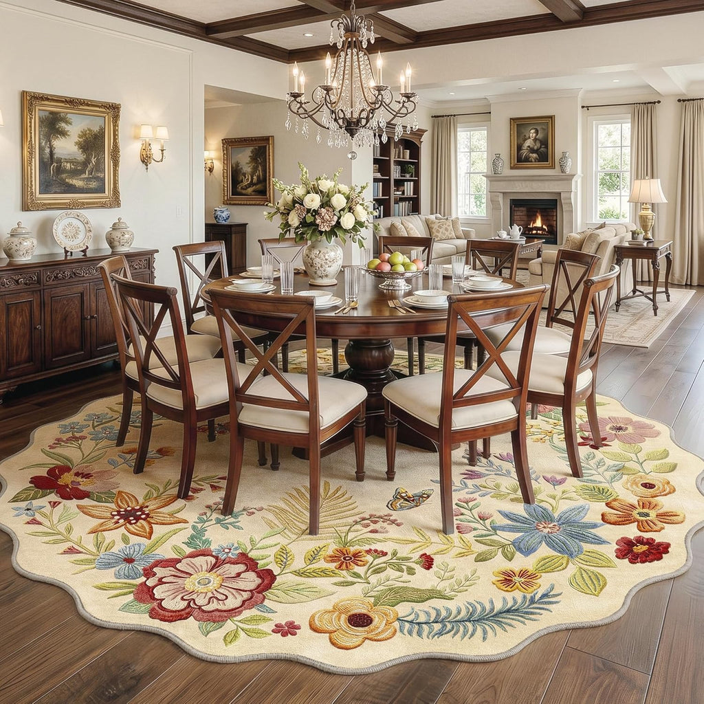 8ft Round Floral Washable Area Rug Beige Neutral Vintage Flower Botanical Cottage Boho Cream Scallop
