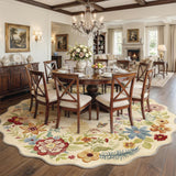 8ft Round Floral Washable Area Rug Beige Neutral Vintage Flower Botanical Cottage Boho Cream Scallop
