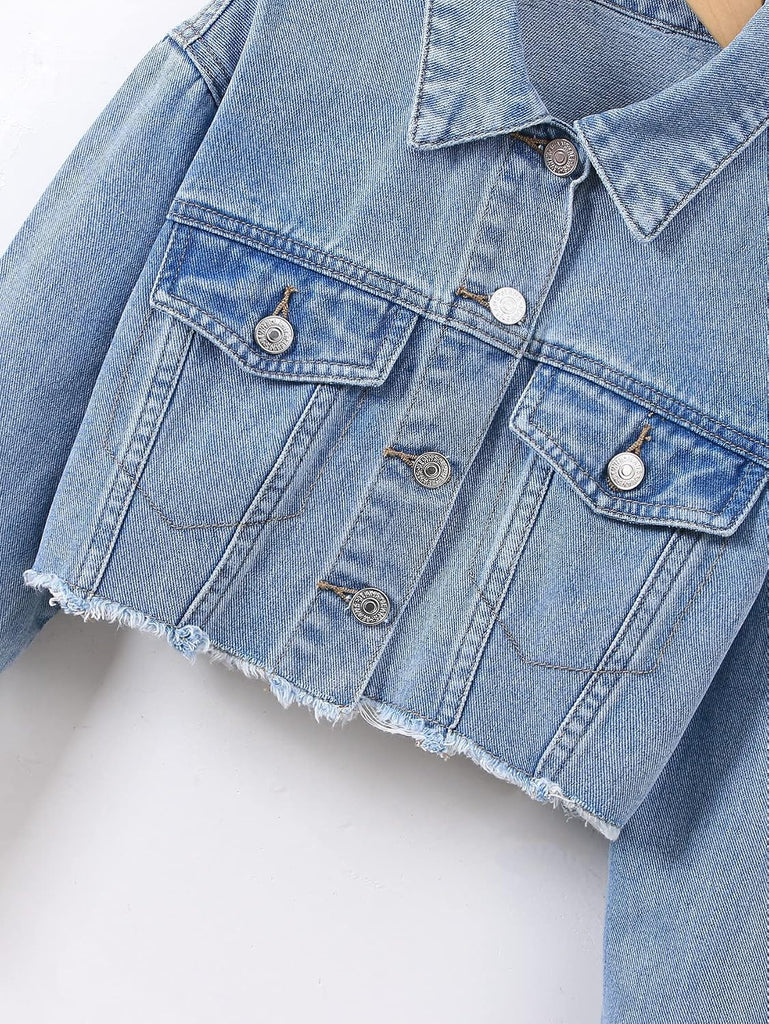 Girl's Raw Hem Crop Denim Jacket Long Sleeve Shacket Single Breasted Spring Fall Outerwear