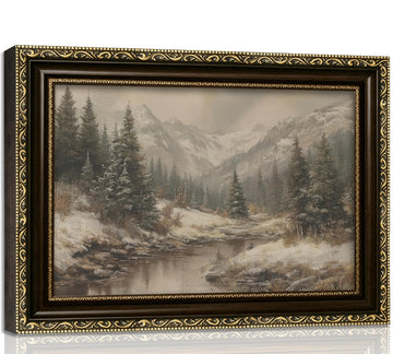 Vintage Framed Winter Landscape Wall Art Snowy Mountain Landscape Wall Decor Winter Forest Painting Picture Rustic