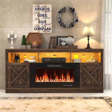Farmhouse for 70/75/80 Inch TV, 32"Tall Entertainment Center w/ 36"Electric Fireplace and LED Light, 70"Media Console
