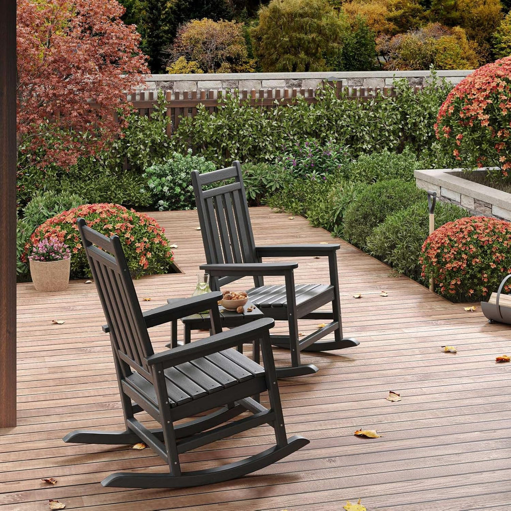 HDPE Rocking Chair Outdoor Set of 2 with Side Table, High Back Rocker | All Weather Resistant & Wood Textured
