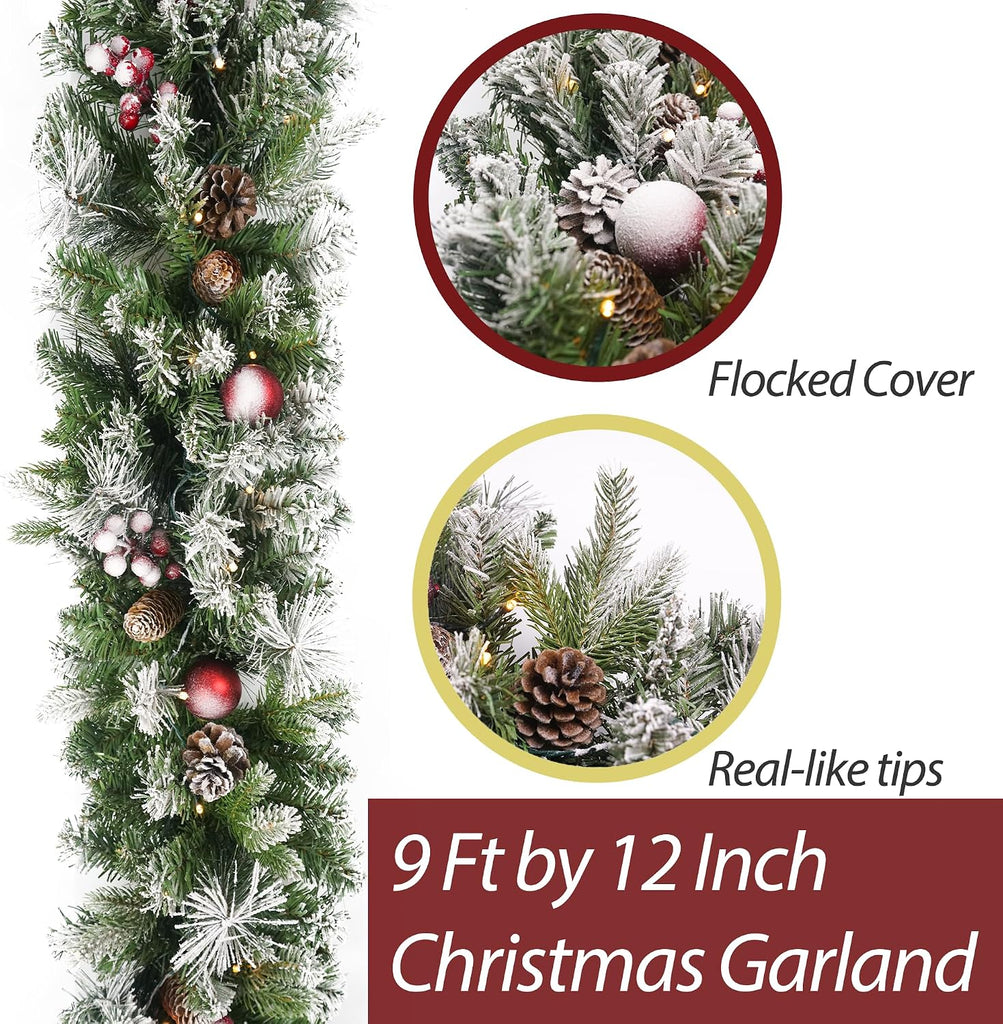 Christmas Garland Flocked 9ft with 50 Lights, Christmas Decor with Pine Cone Red Balls & Berries 50 Light Timer