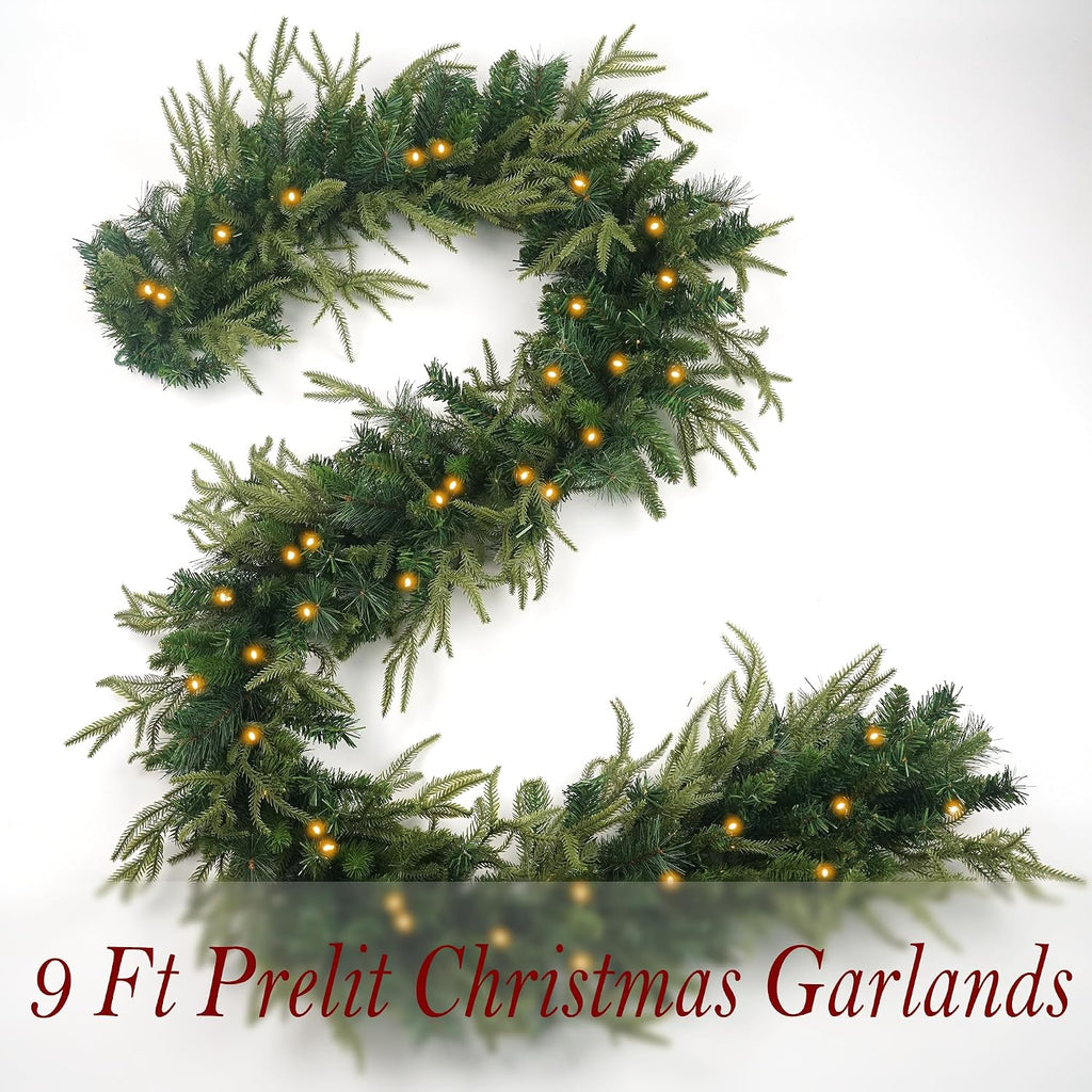 Prelit Christmas Garland 9ft with 50 LED Lights, Battery Opreated Christmas Decor Timer for Mantle Staircase Indoor