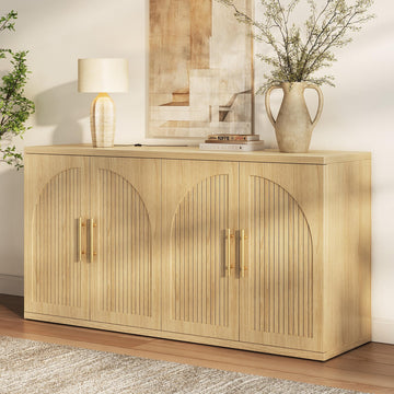 63" Fluted Buffet Cabinet, Oak Credenza with Adjustable Shelf