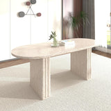 78.74" Extendable Dining Table for 4-8 People,Oval Travertine Inspired Kitchen Table with Wooden Strip Base for