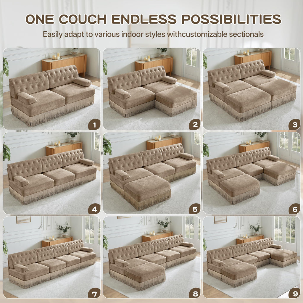 136" L-Shaped Velvet Chesterfield Style Modular Sectional Sofa, Oversized Button Tufted 4-Seater Couch with 1 Ottoman