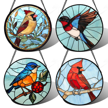 Stained Glass Window Hanging 4 Pcs Set Cardinal Blue Birds 9.8" - Suncatcher Door Garden Decor Birthday Mother's Day