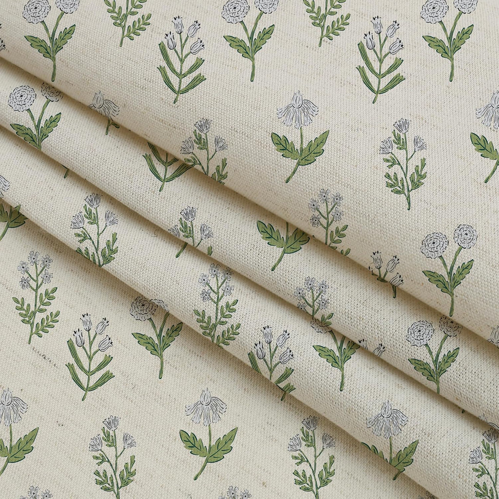 Linen Textured Ruffle Shower Curtain - Vintage Floral Block Print in Beige and Green, Boho Cottagecore Farmhouse