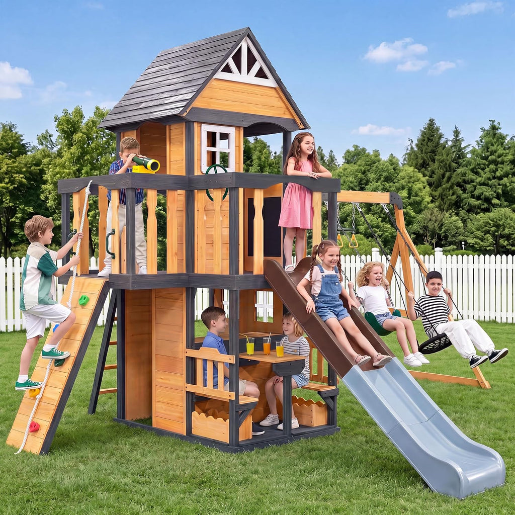 Wooden Swing Sets Playground with Slide Outdoor Playset All-in-One, Natural | Premium Solid Pine Wood, Lets 10
