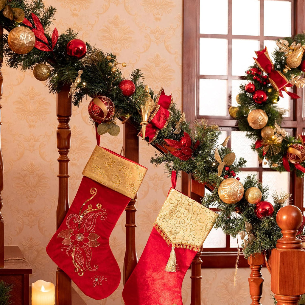 6 Feet Pre-Lit Christmas Garland with Red Gold Ball Ribbons