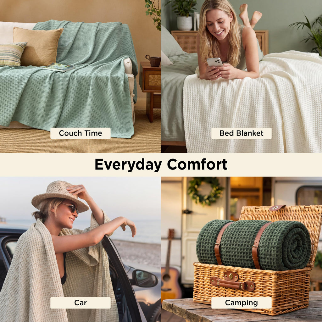 GentleSoft 100% Cotton Blanket King Size for Bed - Breathable Lightweight and Soft for Summer, Basket Waffle Weave