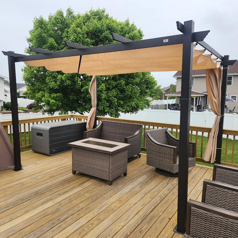 10' x 12' Outdoor Retractable Pergola Aluminum with DIY Sun Shade Canopy Patio Modern Heavy-Duty Bronze Shelter for