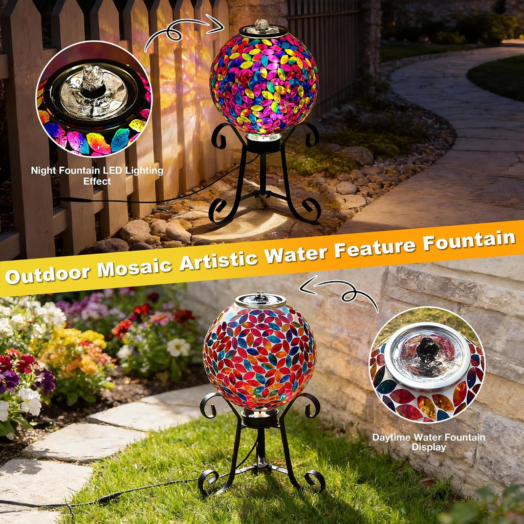 Mosaic Glass Fountain, Floor-Standing Lighted Water Feature with Quiet Pump, Decorative Accent Lighting Garden