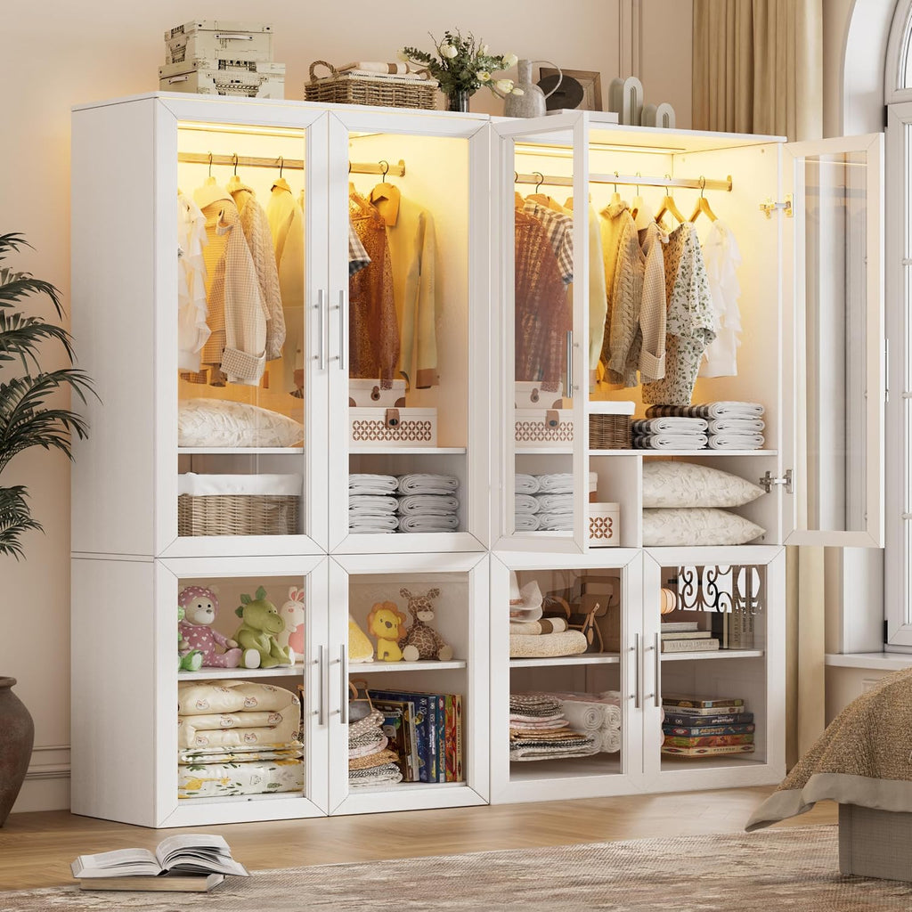 Armoire Wardrobe Closet with Glass Door, Bedroom Closet Wardrobe Cabinet with Hanging Rod, Lighted Freestanding