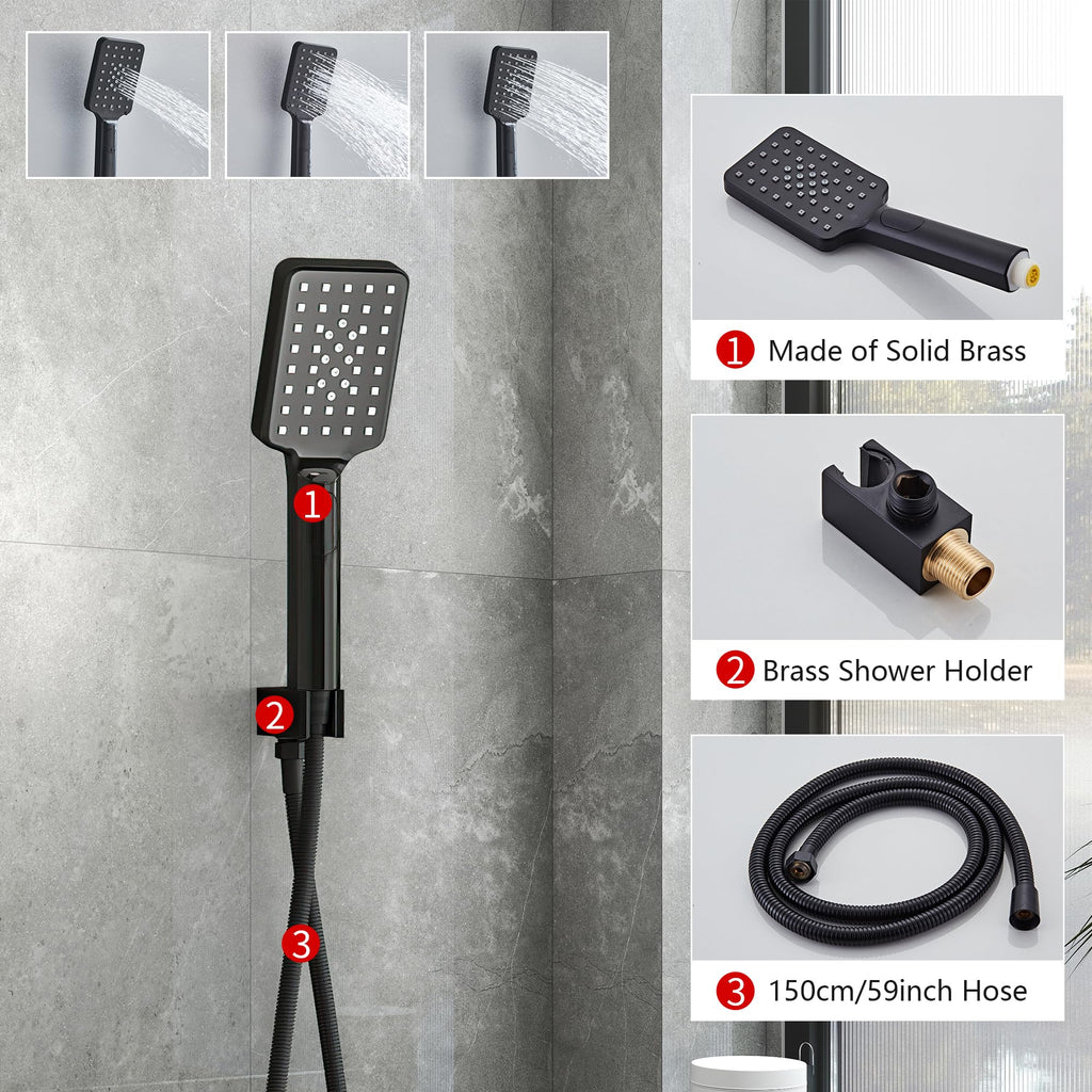 Shower Head Matte Black, Shower Faucet Set Bathroom Shower System with 8 inch Square Rain Shower Head Wall Mounted