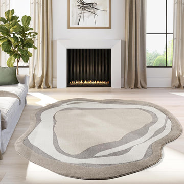 Beau Collection Beige Oval Area Rug - Geometric Pattern, Non-Shedding - Easy to Clean, Durable, Bedrooms