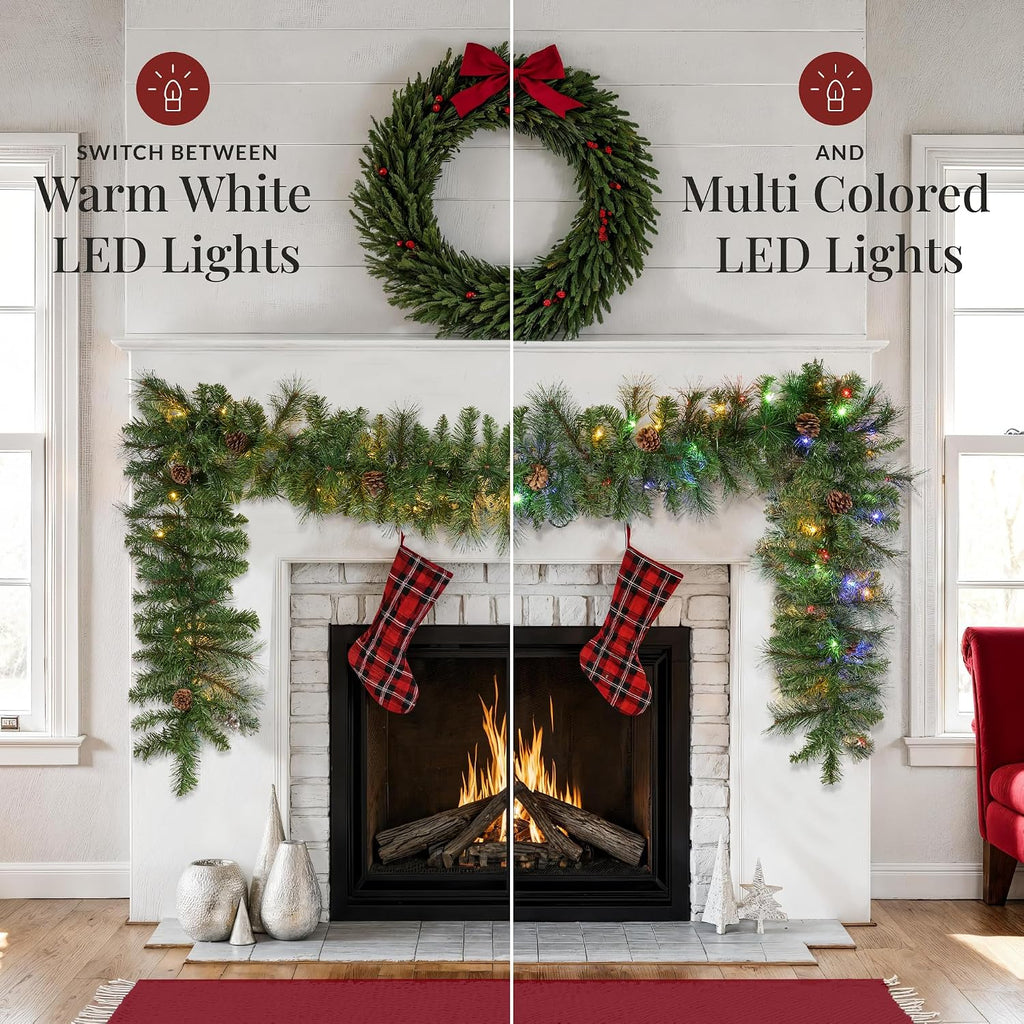 9ft Pre-Lit Christmas Garland Holiday Décor for Stairs, Mantel, w/Pine Cones, 2-in-1 White & Multi LED Lights
