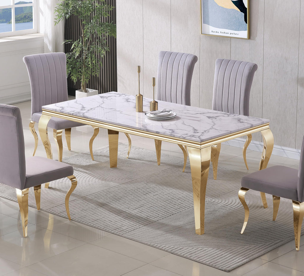 Marble Dining Table for 4 6, 68 Inch White Gold Kitchen Table with Faux Marble Top & Cabriole Stainless Steel Legs