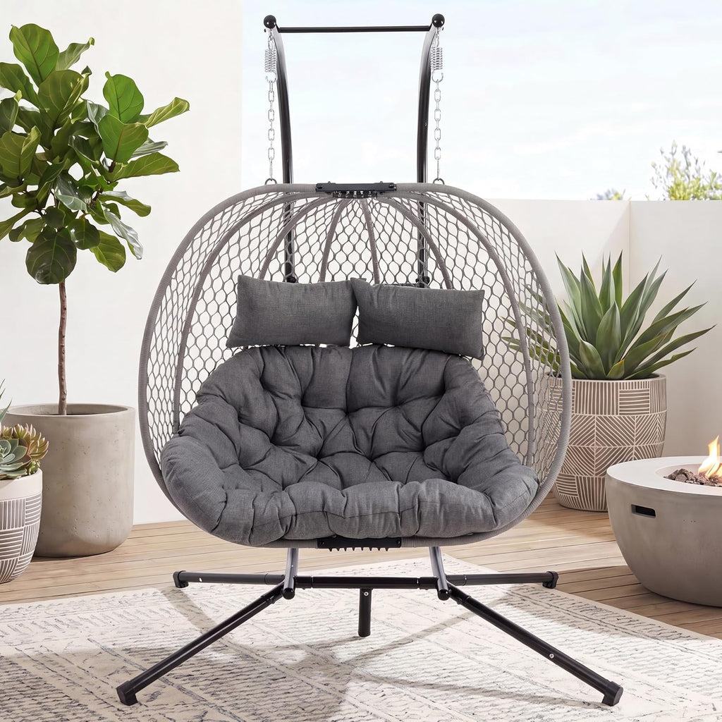 Double Egg Chair with Stand for 2 Persons, Oversized Patio Hanging Basket Chair, Honeycomb Wicker Swing Chair with