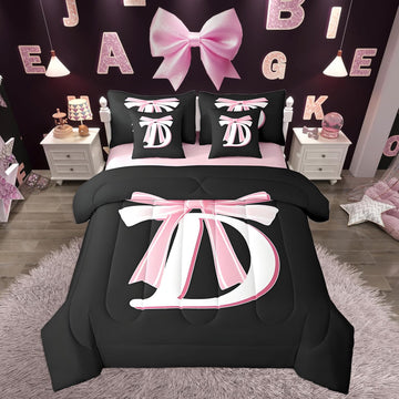 Jejeloiu Kids Girls Black Pink Bow Comforter Set with Sheets Monogrammed 7 Piece Bedding Set Personalized