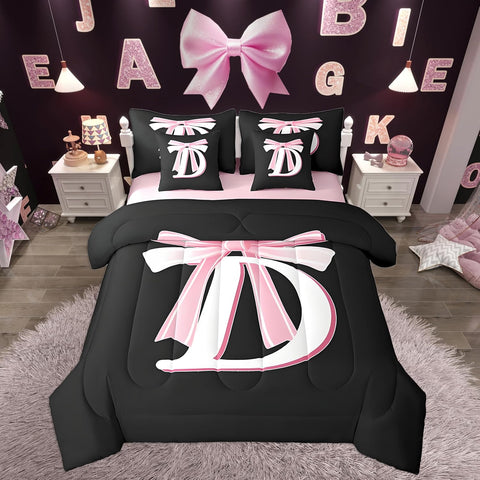 Jejeloiu Kids Girls Black Pink Bow Comforter Set with Sheets Queen Monogrammed 7 Piece Bedding Set Personalized