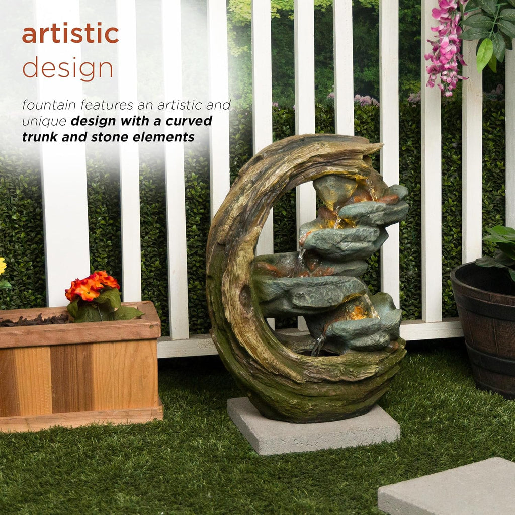 Outdoor Curved Trunk and Stone Floor Fountain with Warm White LED Lights, Tiered Garden Decor, 24" H, Brown