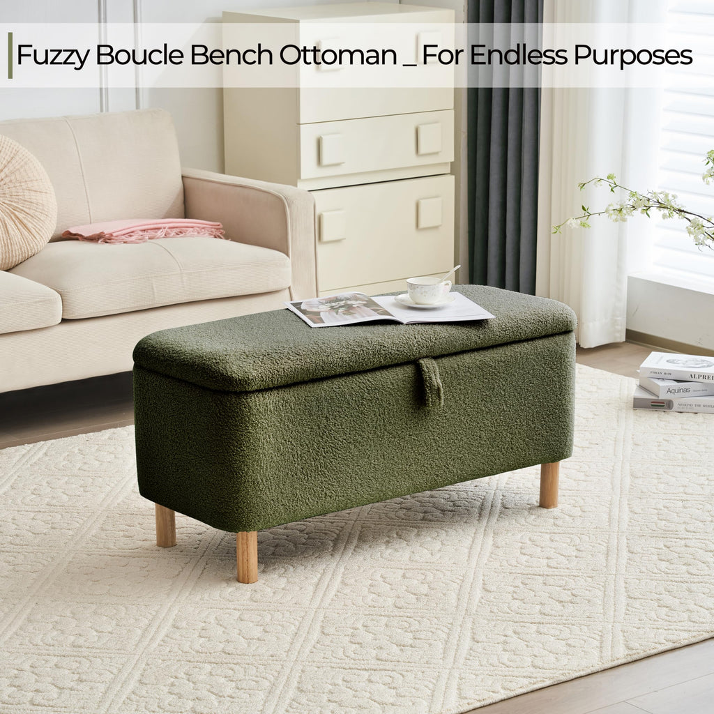 Boucle Storage Ottoman Bench end of Bed, Sherpa Upholstered Shoe Seat Storage Bench Bed Foot, Rectangle Cushion