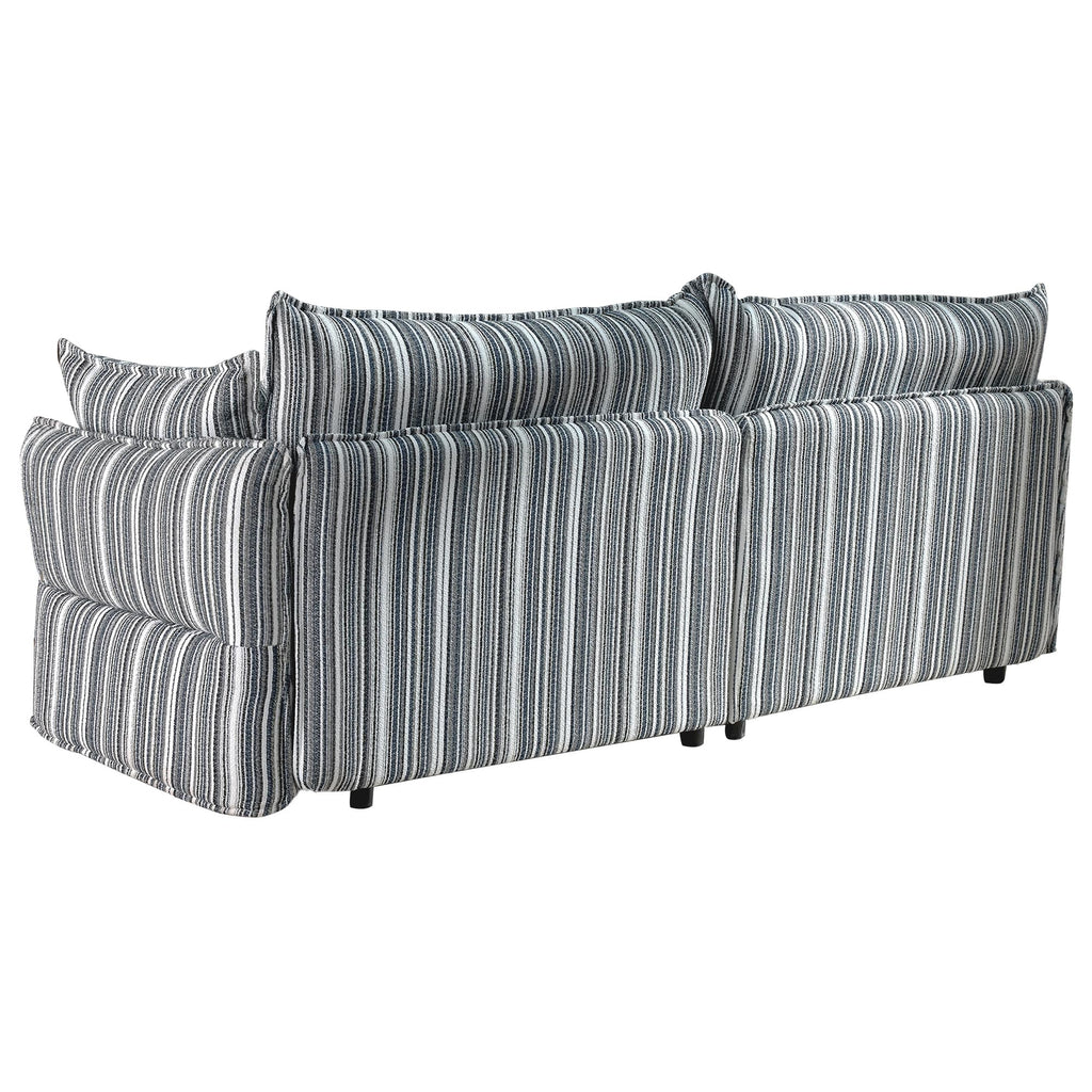 86" Modern Farmhouse Couch - 3 Seater Sofa with Striped Fabric Coastal Storage Sofas with Two Arm Pillows and Wood