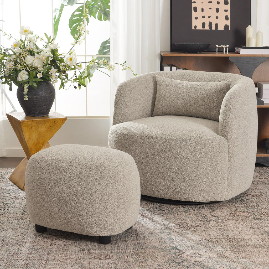 34" Wide 2 Boucle Swivel Barrel Chairs and 2 Ottomans Set, Taupe