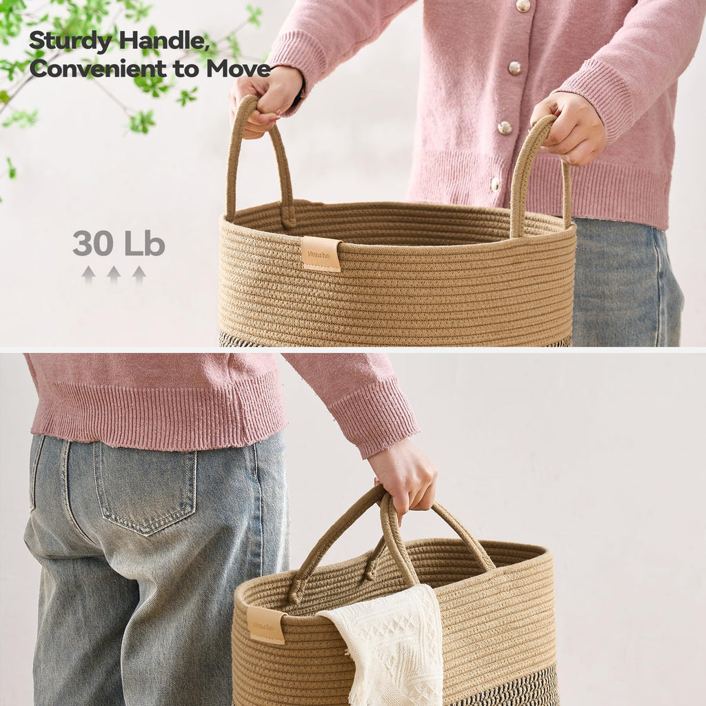 Tall Laundry Basket Hamper 95L, Cotton Rope Storage Hamper with Reinforced Handles, Decorative Blanket & Toy Basket