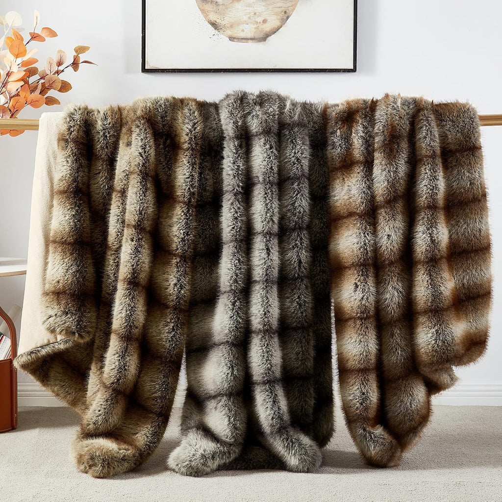 High-end Premium Fuzzy Faux Wolf Fur Throw Blanket 50" x 60", Luxury Cozy Accent Thick Animal Skin Fluffy Fox Blanket