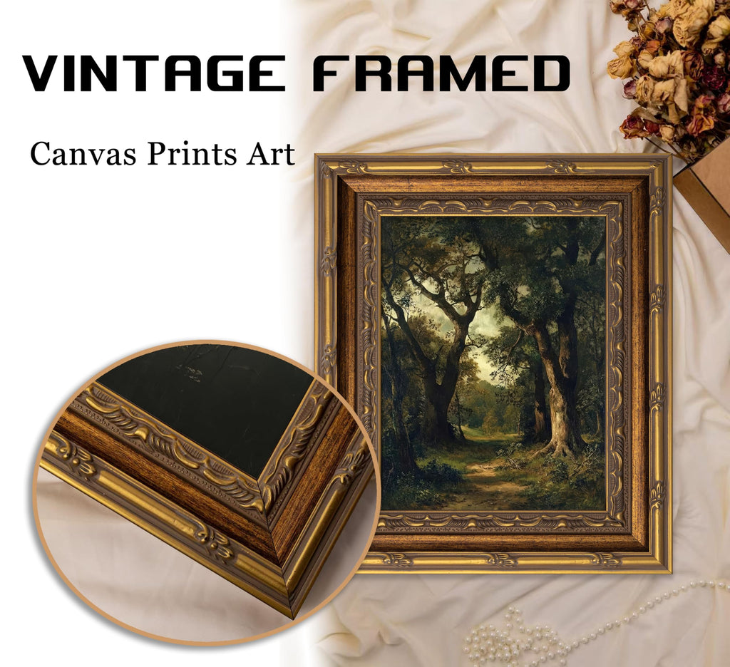 Vintage Forest Path Framed Wall Art Antique Trees Woodland Landscape Canvas Print Dark Academia Farmhouse Wall Decor