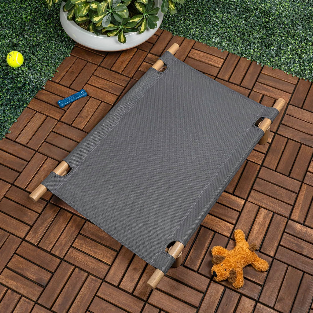 Chester 32" Modern Minimalist Wood Frame Elevated Outdoor Dog Bed, Graphite/Light Teak