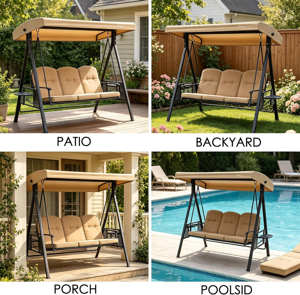Herbert Deluxe 3-Seat Patio Porch Swing Chair with Stand | Adjustable Canopy, Outdoor Freestanding Swing Chair for
