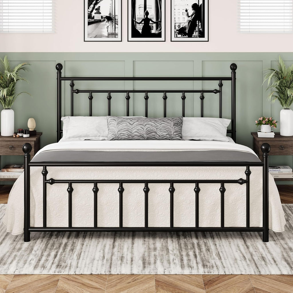 14 Inch King Metal Platform Bed Frame with Victorian Vintage Headboard and Footboard/Mattress Foundation/Under Bed