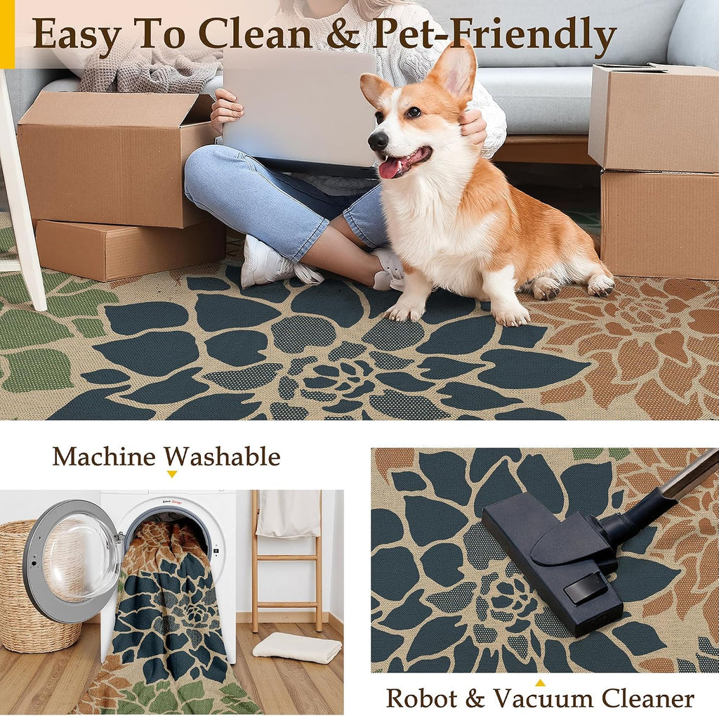 Navy Orange Easy Jute Outdoor Rug Floral Farmhouse Carpet