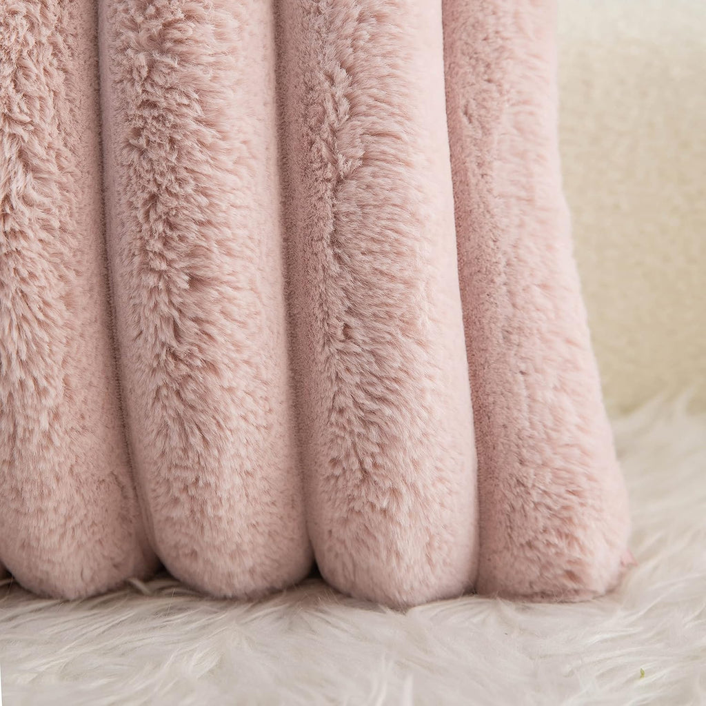 Pink Faux Fur Cozy Soft Striped Decorative Throw Pillow Covers 18x18 inch Set of 2,Velvet Pillowcase Cushion Case