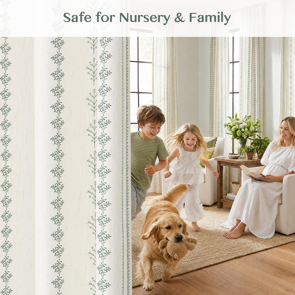 Sage Green Floral Pinch Pleated Curtains 108 Inches Long, Block Print Vintage Farmhouse Linen Blend Light Filtering