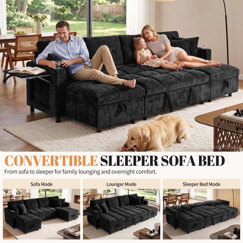 108" U Shaped Sectional Sleeper Sofa, Oversized Pull Out Sofa Bed