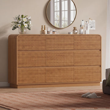 Walnut Dresser Fluted 9 Drawers Dresser, 59" Wide Wood Chest of Drawers with Hidden Handles & Rounded Corners