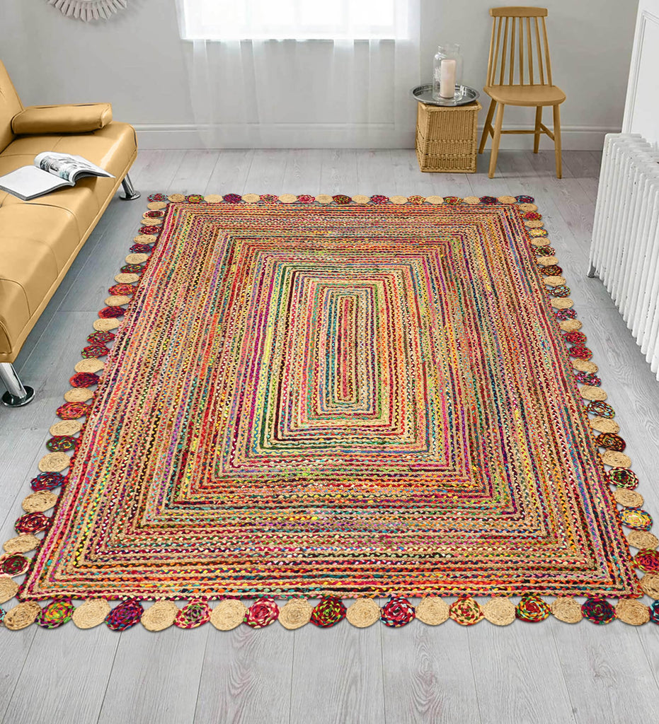 Rectangular Area Rug - 2x3 Feet Multicolor Cape Code Chindi Cotton Jute Rug Geometric Kilim Rug Indoor Outdoor Use
